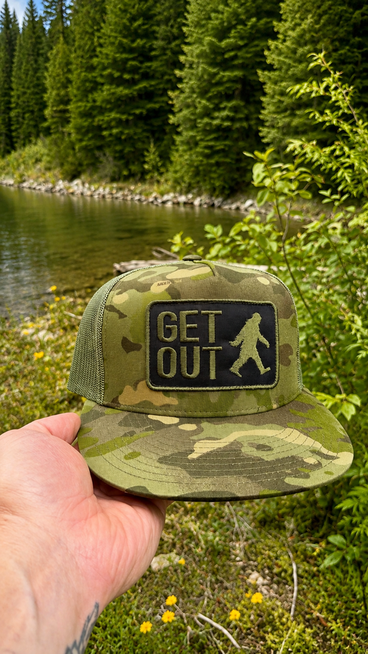 Get Out SnapBack - Swamp Ape - Green Multi Cam Trucker Flat Brim