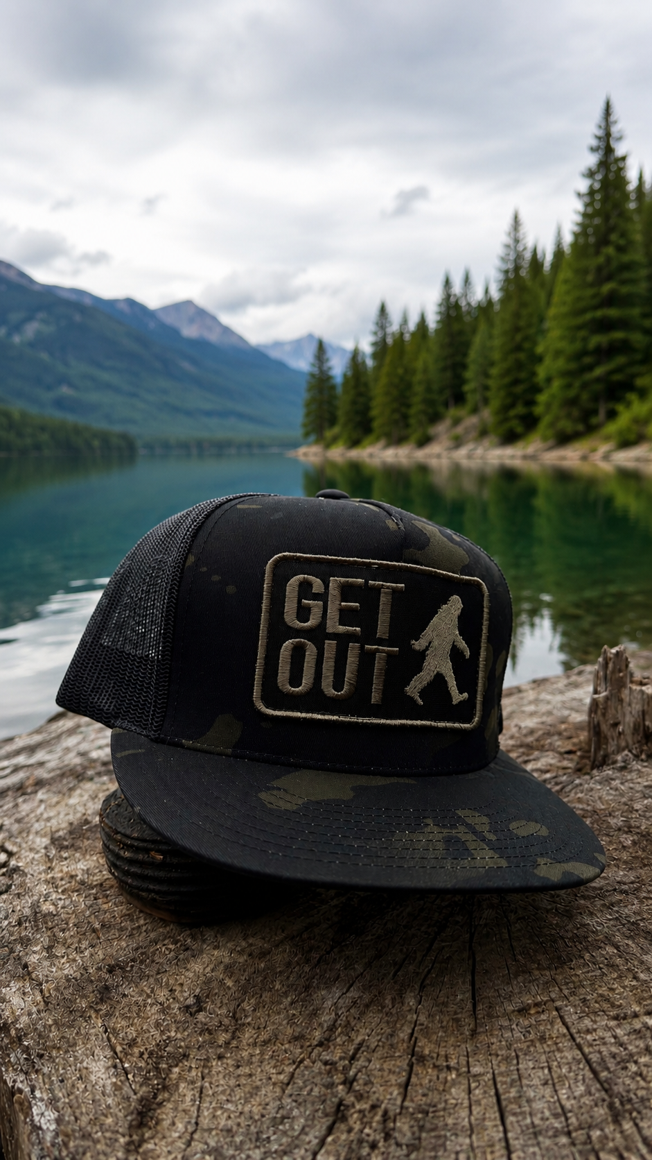 Get Out SnapBack - Blackout - Black Multi Cam Trucker Flat Brim