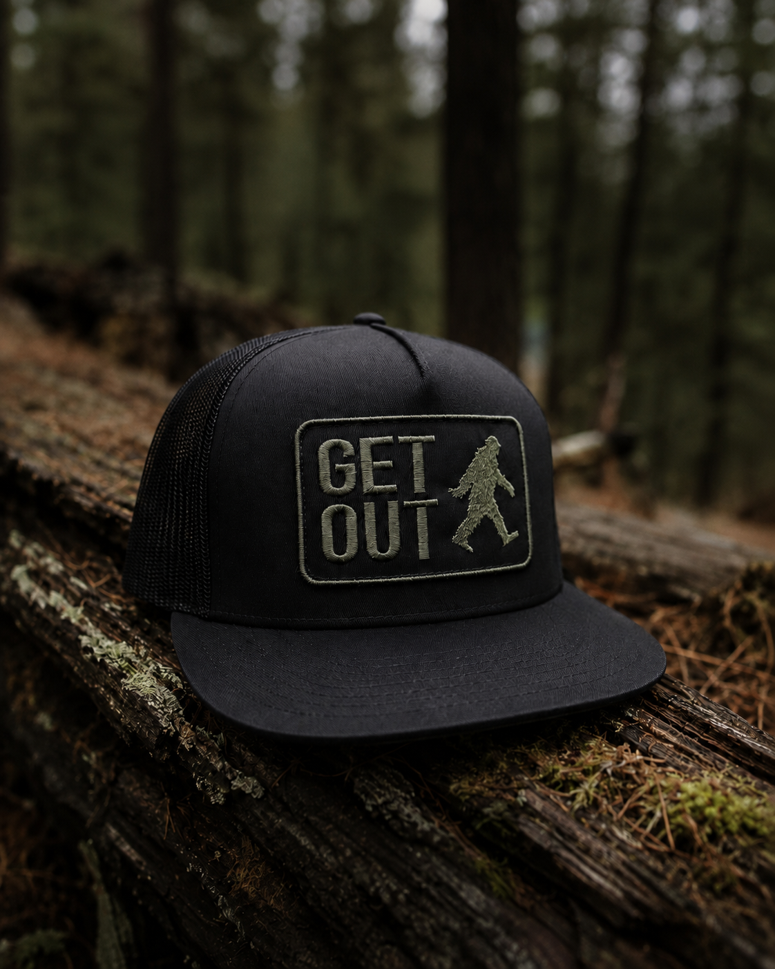 Get Out SnapBack - Dark Timber - Black Trucker Flat Brim