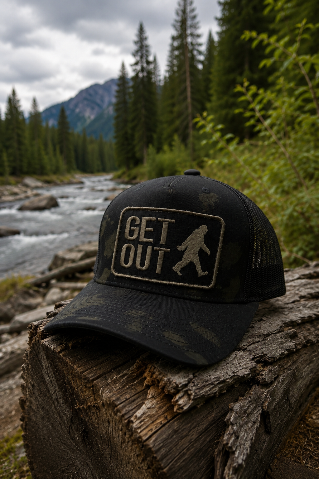 Get Out SnapBack - Blackout - Black Multi Cam Trucker Curved Brim