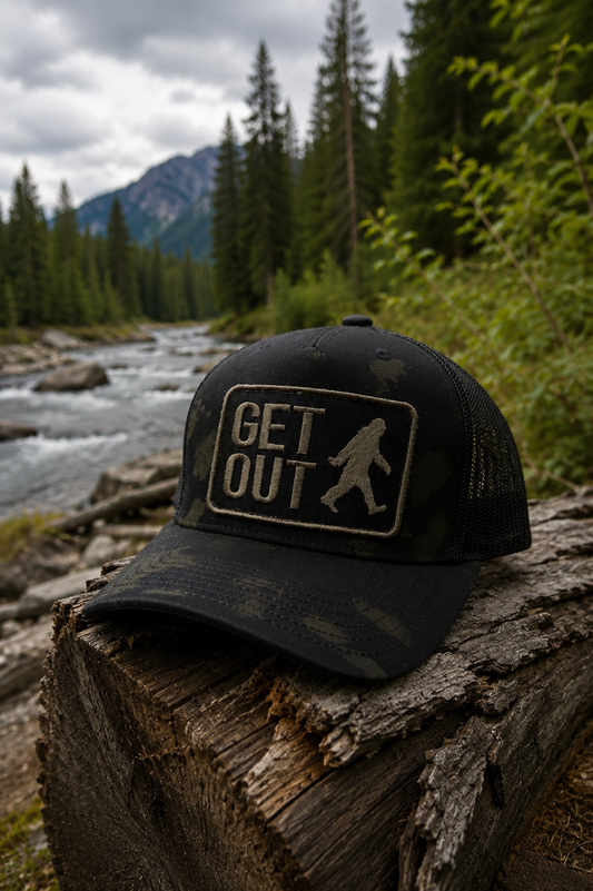 Get Out SnapBack - Blackout - Black Multi Cam Trucker Curved Brim
